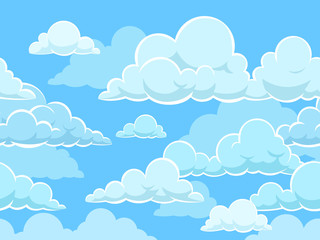 Cartoon seamless clouds background. Pattern with blue cloudy sky. Cloudscape panorama, cute kids wallpaper or cloth vector texture