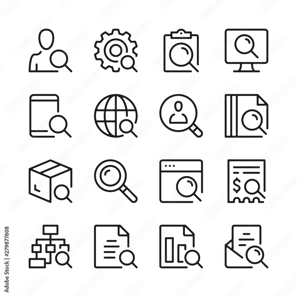 Poster search line icons set. modern linear graphic design concepts, simple outline elements collection. ve