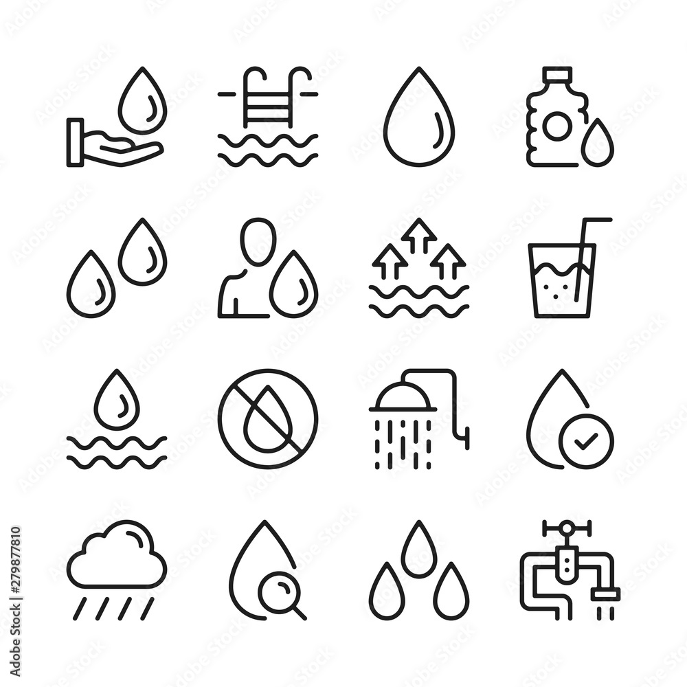 Poster water line icons set. modern linear graphic design concepts, simple outline elements collection. vec
