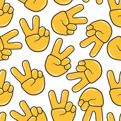 Peace hand emoji seamless pattern. Chat emoticon icon background. Victory gesture and sign.