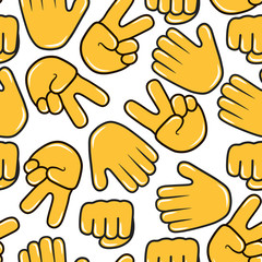 Stop and victory hand emoji seamless pattern. Chat emoticon icon background. Hi and peace gesture and sign.