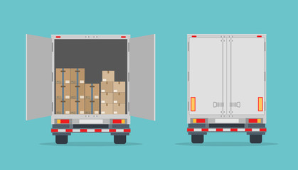 Open delivery truck with cardboard boxes and closed truck. Isolated on blue background. Back view. Transport services, logistics and freight of goods. Flat style, vector illustration.  © alazur