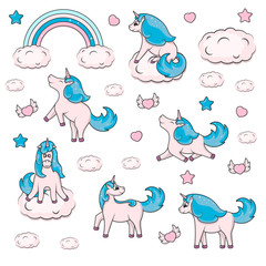Fototapeta premium Set of cute unicorns with clouds, hearts and rainbow. Lovely doodle for baby birthday invitation. Fancy magical illustration of a girlish fairy pony for kids.