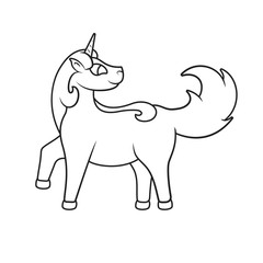 Cute unicorn outline drawing. Lovely picture for baby coloring book. Fancy magical illustration of a girlish fairy pony for kids.