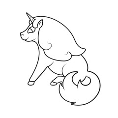 Cute unicorn outline. Picture for baby coloring book. Fancy illustration of a girlish fairy pony for kids. Magical animal sticker.