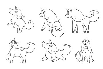 Set of cute unicorn outlines. Picture for baby coloring book. Fancy magical   illustration of a girlish fairy pony for kids.