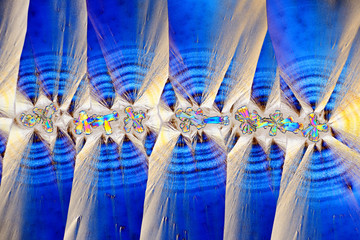 Colorful micro crystals in polarized light. Photo through a microscope.