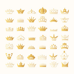 Super big collection hand drawn kings and queens golden crown outlines and silhouettes. Vintage gold royal heraldic symbols. Imperial diadem icons.