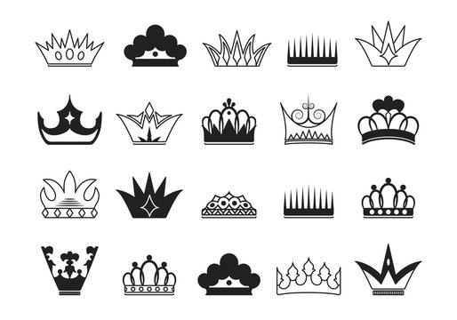 Hand drawn kings and queens crown silhouettes and outlines collection. Imperial diadems. Vintage royal heraldic symbols.