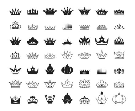 Hand drawn kings and queens crown silhouettes and outlines collection. Imperial diadems. Vintage royal heraldic symbols. Luxury branding elements.