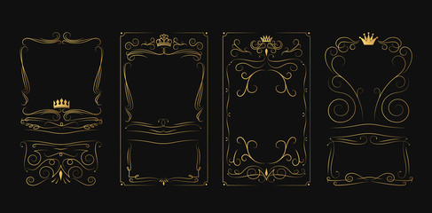 Set of golden vintage royal labels for bottle. Hand drawn alcohol frame for scotch, rum, tequila. Gold Irish whiskey border.