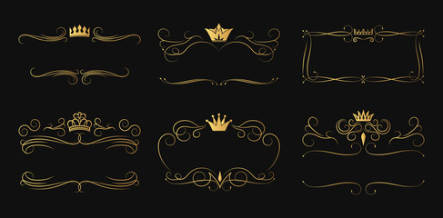 Set of ornate golden crown frames. Elegant gold vintage borders for alcohol bottle branding. Swirl Irish whiskey royal ornament.