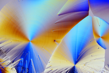 Colorful micro crystals in polarized light. Photo through a microscope.