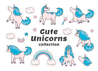 Cute unicorns collection with clouds, hearts and rainbow. Lovely doodle for baby birthday invitation. Fancy magical illustration of a girlish fairy pony for kids.