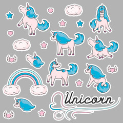 Set of cute unicorn, clouds, hearts, rainbow stickers. Lovely fairy cartoon ponies for baby birthday cards. Fancy magical illustration for kids posters.