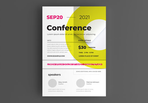 Conference Flyer Layout with Yellow Circle Graphic