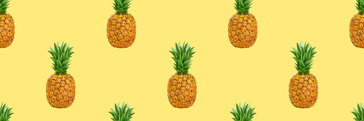 Pineapple, summer ananas seamless pattern on yellow background