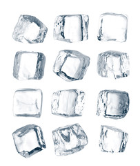 Set of peaces of pure blue natural crushed ice. Ice cubes. Clipping path for each cube included.