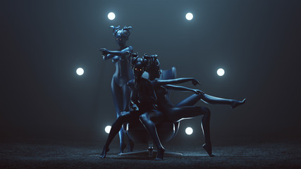 3 Blue Seductive Medusa Sisters in a Foggy Void with Glowing Orbs 3d illustration 3d render    © paul