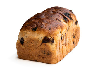 Sliced Irish fruit loaf with sultanas and cherries isolated on white