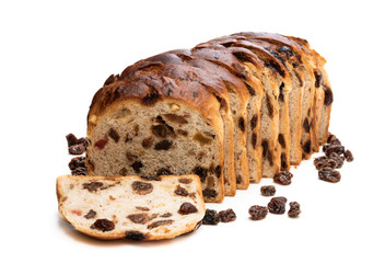 Sliced Irish fruit loaf with sultanas and cherries isolated on white