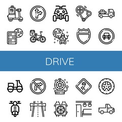 Set of drive icons such as Scooter, Global server, Traffic sign, Bicycle, All terrain, Rover, Transmission, Highway, Cargo truck, Motorcycle, No turn right, Wheel, Pizza deliver , drive