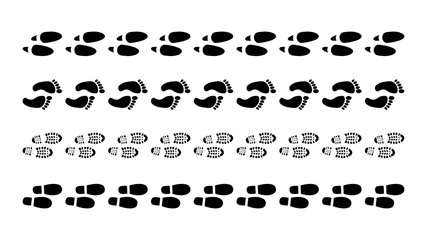 Funny human footsteps shoes footprint. Follow foot shoe route steps track, bare feet walk path with navigation pin. People footsteps paws trail silhouette
