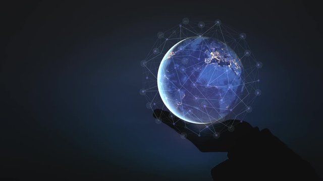 Abstract science, circle global network connection in hands on night sky background . Blue tone concept. explores future of the world.Future concept. 4K some elements furnished by NASA images