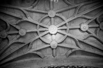 Medieval Gothic architecture inside a cathedral in Spain. Stones and beautiful ashlars forming a dome