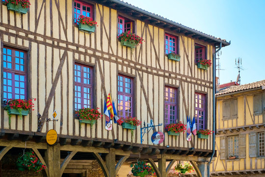 Mirepoix town hall (Mairie) half-timbered building on Place de Couverts in bastide town of Mirepoix, Ari?ge, Midi-Pyr?n?es, France.