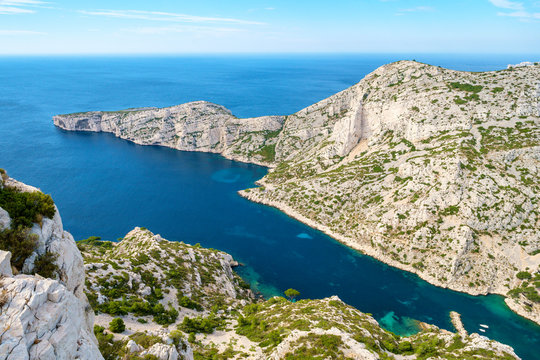 High angle view of rugged Mediterranean landscape at Calanque de Sugiton, Parc National des Calanques, Provence-Alpes-C?te d'Azur, Bouches-du-Rh?ne, France