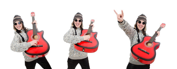 Young optimistic girl holding guitar isolated on white