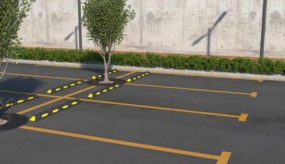 Empty car parking without cars. Parking spaces, sidewalk for pedestrians with flower bed. 3D render.