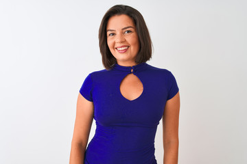 Fototapeta premium Young beautiful woman wearing blue elegant t-shirt standing over isolated white background looking away to side with smile on face, natural expression. Laughing confident.