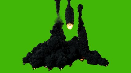 A high-quality cinematic  of a shooting star or meteor flying from the sky, lighting up the darkness and releasing clouds of smoke in front of a green screen. 3D Rendering © designprojects