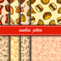 Vector seamless backgrounds set with fast food icons for your design.