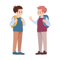 Classmates saying goodbye flat vector illustrations. Schoolmates, schoolboys talking isolated cartoon characters. Boys after school lessons. Preteen schoolchildren with backpacks communicating