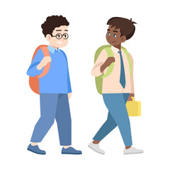 Multicultural schoolchildren flat vector illustration. Multiracial schoolboys. Caucasian and african american boys talking isolated cartoon characters. Preteen kids with backpacks going to school