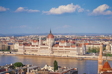 Fototapeta na wymiar Beautiful cityscape. Hungarian parliament building at Danube river in Budapest city, Hungary.