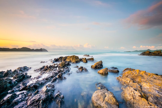 Long exposure of rocky coast along Bacuit Bay, El Nido, Palawan, Philippines