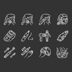 Beauty devices chalk icons set. Home, salon cosmetology procedures. Beauty gadgets, instruments. Face massager, blackhead remover, epilator, nose hair trimmer. Isolated vector chalkboard illustrations