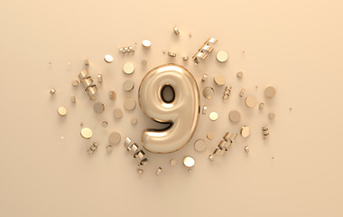 Golden 3d number 9 with festive confetti and spiral ribbons. Poster template for celebrating anniversary event party. 3d render