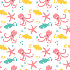 Seamless pattern with sea animal - fish, starfish, octopus. Cute cartoon character.