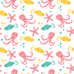 Seamless pattern with sea animal - fish, starfish, octopus. Cute cartoon character.