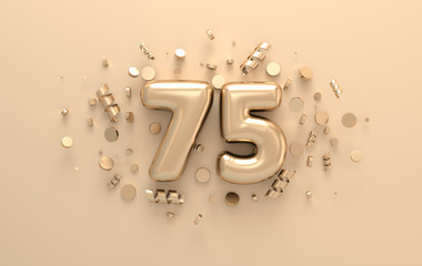 Golden 3d number 75 with festive confetti and spiral ribbons. Poster template for celebrating anniversary event party. 3d render - obrazy, fototapety, plakaty