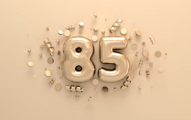 Golden 3d number 85 with festive confetti and spiral ribbons. Poster template for celebrating anniversary event party. 3d render
