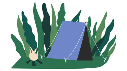 Touristic camp with tent, campfire in forest for adventure tourism, travel, backpacking. Concept of hiking, adventure tourism, camping, travel. Flat cartoon colorful vector illustration.