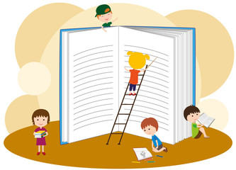 Little girls and boys read books. Children are preparing for school. Girl is reading a large book on the ladder. Children dreams. Vector illustration.