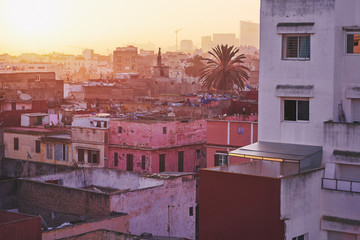 The ancient city at sunrise. Old houses in medina of Casablanca, Morocco.