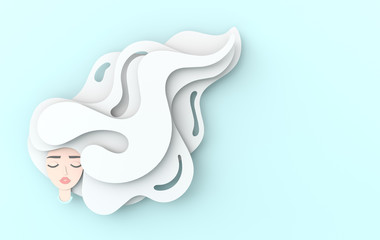 3d render portrait of young beautiful woman with long  hair. Modern digital paper layered art. Origami style. Beauty and fashion concept